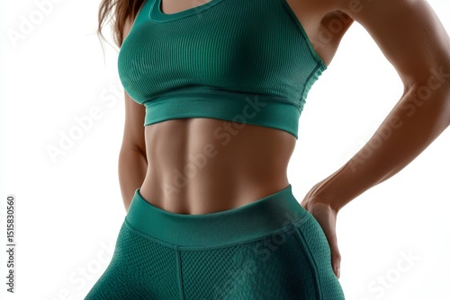 Woman demonstrating perfect sporty body shape, wearing green underwear, standing isolated on white background, cropped, closeup