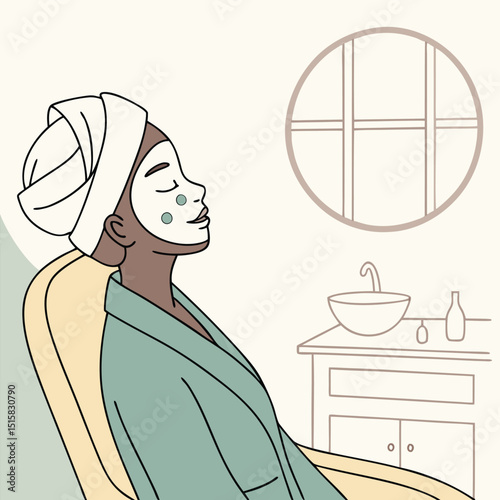 Calm woman with hair in a towel and face mask