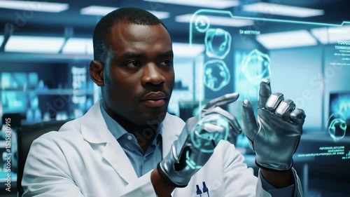 African American scientist using futuristic haptic gloves interacts with holographic medical data screen in modern laboratory.