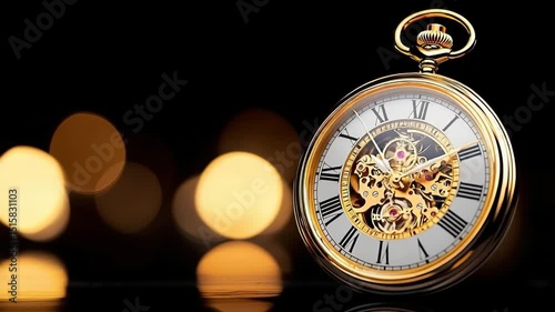 Elegant gold pocket watch with visible mechanical gears, roman numerals, and intricate vintage details, reflecting warm bokeh lights glossy black surface, evoking timeless luxury and classic