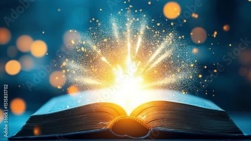 Open book with magical glowing light and sparkling particles emerging, symbolizing imagination, fantasy, and inspiration dreamy, enchanting atmosphere, where literature and reading ignite spark