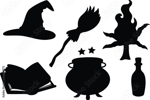 Vector illustration of witchcraft elements including cauldron, broomstick, witch hat, potion bottle, spellbook, and magical fire in silhouette style – perfect for Halloween, fantasy decor, and mystica