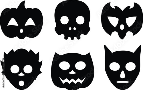 Vector silhouettes of Halloween character masks including pumpkin, skull, cat, vampire, and devil designs – spooky costume graphics for parties, printable masks, or horror decorations

