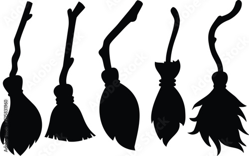 Vector silhouette illustration of witch brooms in various spooky and rustic styles, perfect for Halloween decor, witchcraft themes, magical party invitations, or fantasy graphic designs

