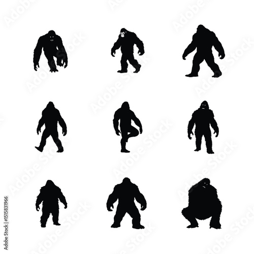 Bigfoot Silhouette Collection Cryptid Illustration Set Of Nine Poses Mystery Creature Vector Graphics