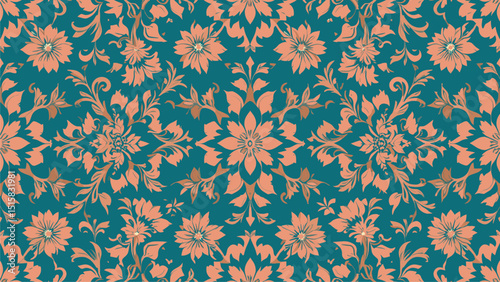 Teal and Coral Floral Damask Seamless Pattern