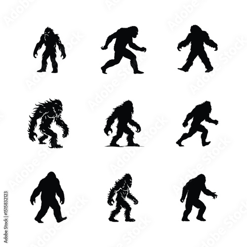 Bigfoot Silhouette Vector Collection Isolated On White Background Featuring Different Poses And Mysterious Monster Illustrations