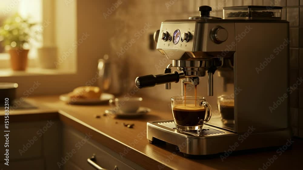 Modern espresso machine brewing coffee in cozy kitchen setting  