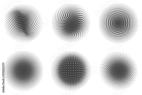 Dotted round vector shapes on white background. Abstract halftone gradient elements. Geometric circular wavy spotted circles. Graphic dynamic set