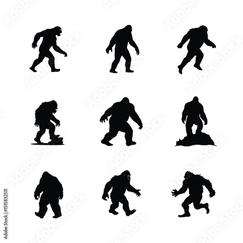 Collection Of Bigfoot Silhouettes In Various Poses On A White Background Vector Art