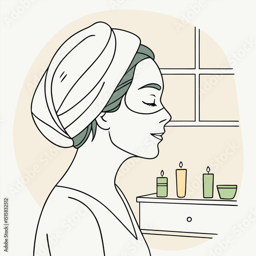 Calm woman with hair in a towel and face mask