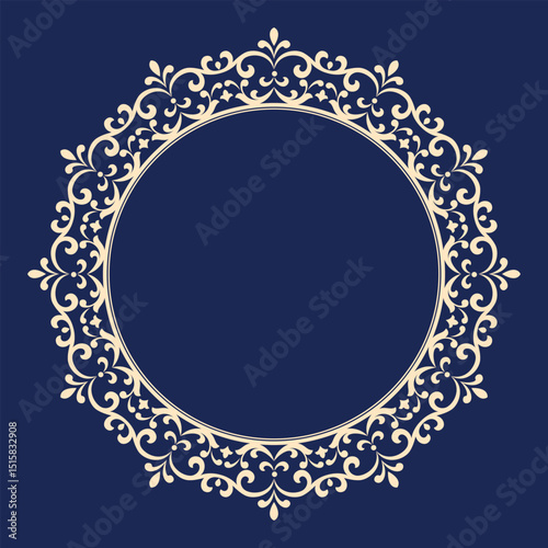 Decorative frame Elegant vector element for design in Eastern style, place for text. Floral golden and dark blue border. Lace illustration for invitations and greeting cards