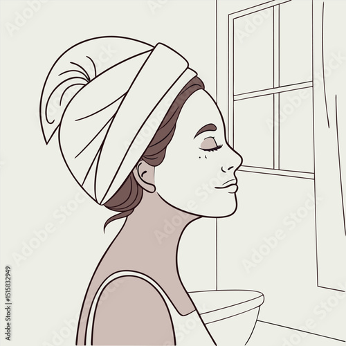 Calm woman with hair in a towel and face mask
