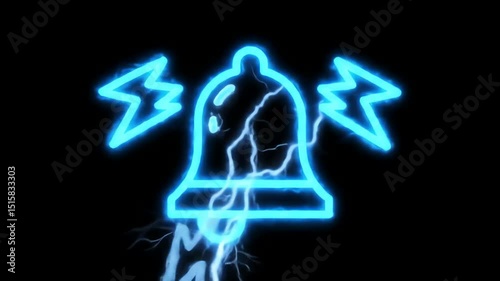Blue Neon Ringing Bell Icon Glowing with Electric Lightning Animation on Black Background
