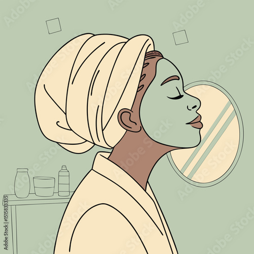 Calm woman with hair in a towel and face mask