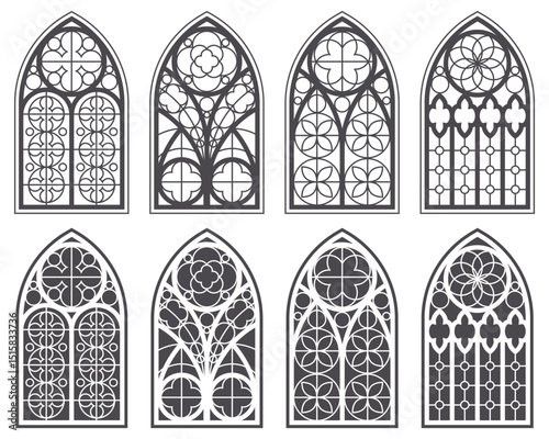 Gothic church windows with arched frames and stained glass. Medieval silhouettes of vintage cathedral architecture decorations and geometric ornaments. Christian chapel interior with vector outlines