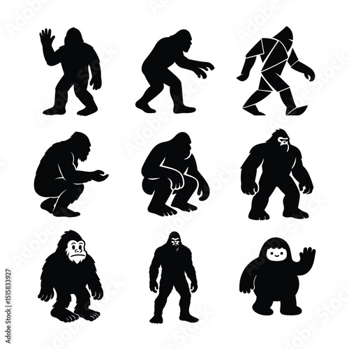 Collection Of Bigfoot Silhouette Illustrations In Various Poses On White Background,Mythical Creature Sasquatch Vector
