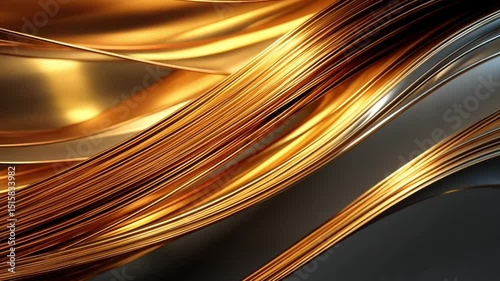 Shiny golden metallic waves flowing diagonally over black background representing luxury energy and futuristic abstract design visuals photo