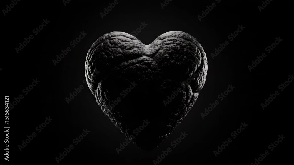 Black heart sculpture with textured surface against dark background  