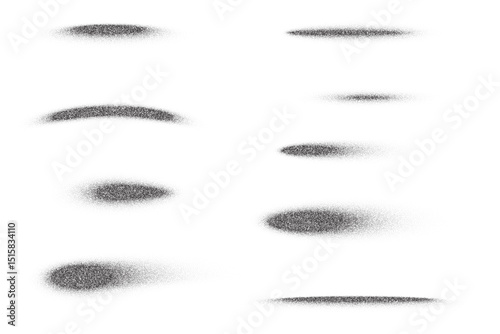Grainy gradient shadows. Dotted circle shapes with noisy spray effect isolated on white background. Abstract vector brush strokes with stipple fade texture.