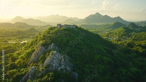 Ruined fortress atop a lush mountain range.