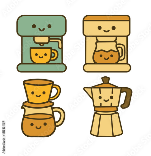 Line drawing of coffee related equipment in Kawaii style, isolate vector file.