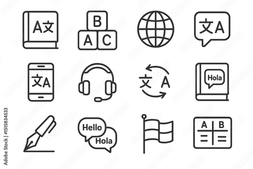 Obraz premium Language translation icons on gray striped background
