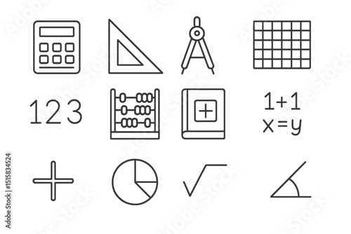 Mathematical symbols and tools icons on dark background