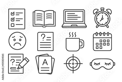 Icon set featuring productivity tools and office supplies on grey background
