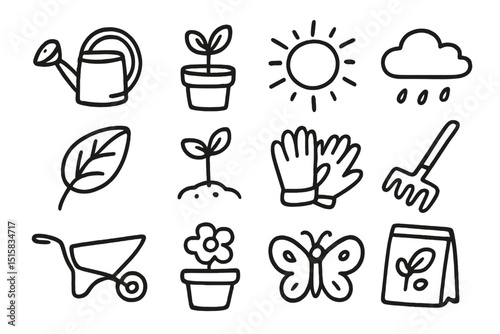 Hand-drawn gardening icons: tools, plants, and nature elements