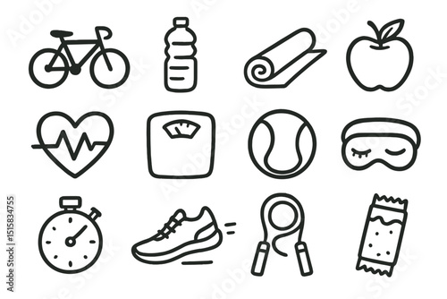 Fitness icons: bicycle, water bottle, yoga mat, apple, stopwatch, running shoes