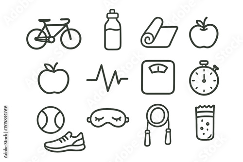 Fitness and health icons: bicycle, water, mat, apple, heartbeat, scale, stopwatch