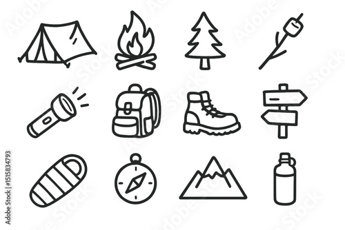 Camping adventure icons: tent, campfire, backpack, boot, mountain, compass