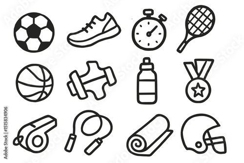 Set of sports equipment icons featuring ball, medal, stopwatch, and more