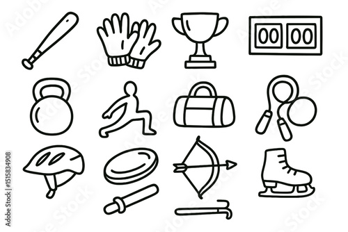 Sports equipment icons: baseball, trophy, skates, archery, jump rope, yoga, cycling