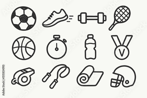 Hand-drawn sports icon set featuring balls, equipment, and more