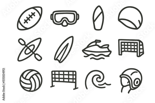 Icons of various water and land sports equipment on olive background