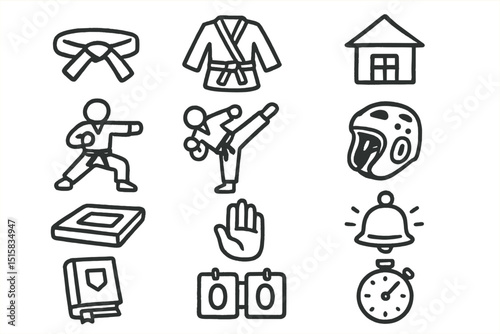 Martial arts icons set featuring karate and safety gear illustrations