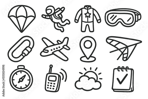 Adventure icons: parachuting, flying, and navigation symbols in black