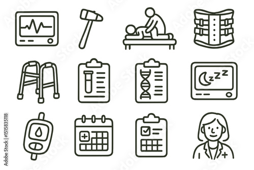 Medical icons set: healthcare, treatment, monitoring, equipment, diagnostics