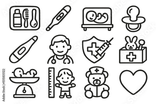 Childcare icon set: medical, baby, pediatric, health, cute designs