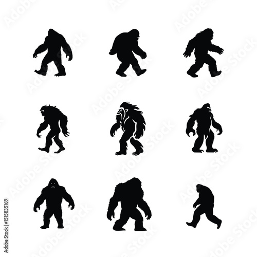 Bigfoot Silhouette Vector Illustration Set Featuring Mythical Creature Walking In Various Poses And Styles On Isolated Background
