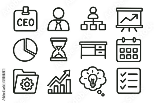 Business icons set featuring charts, calendar, desk, and more