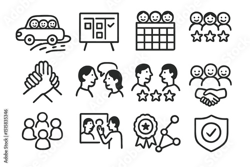 Teamwork and communication icons on black background