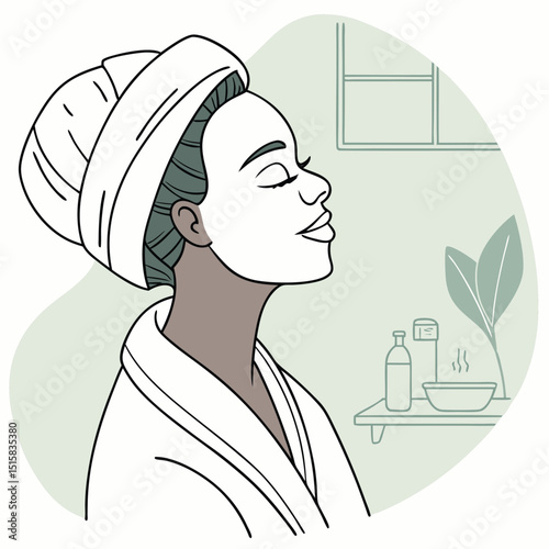 Calm woman with hair in a towel and face mask