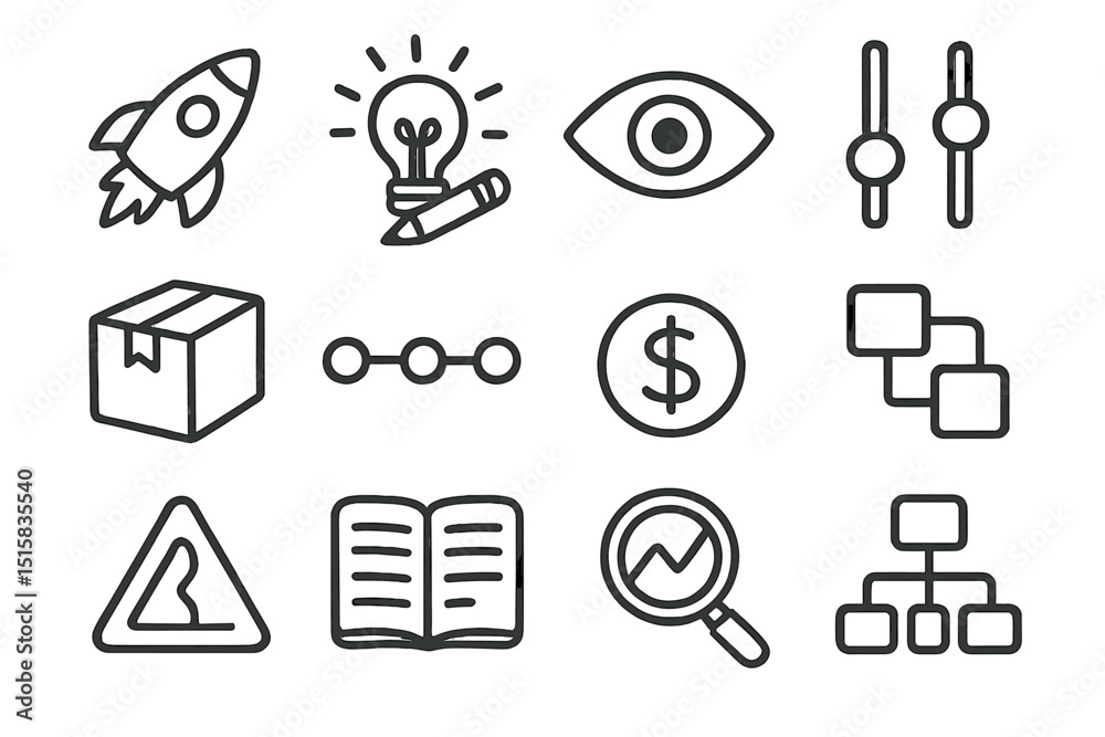 Fototapeta premium Business icons set with rocket, lightbulb, eye, and flowchart symbols