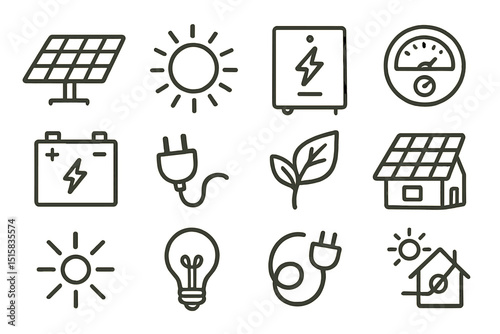 Renewable energy icons: solar, battery, eco-friendly power symbols