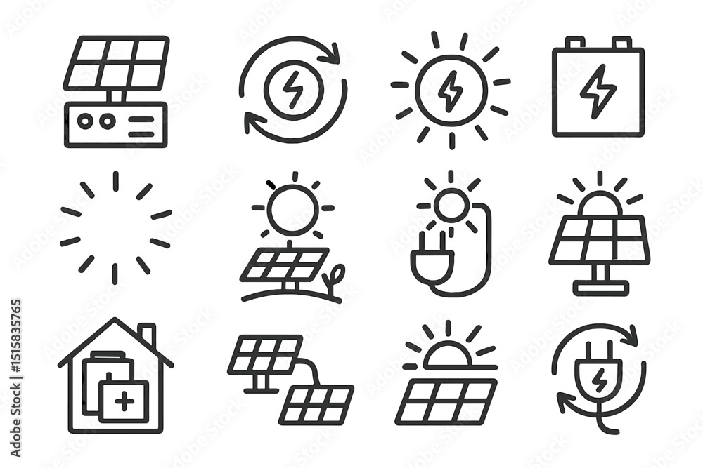 Solar energy icons collection featuring panels and electrical symbols Solar energy icons collection featuring panels and electrical symbols