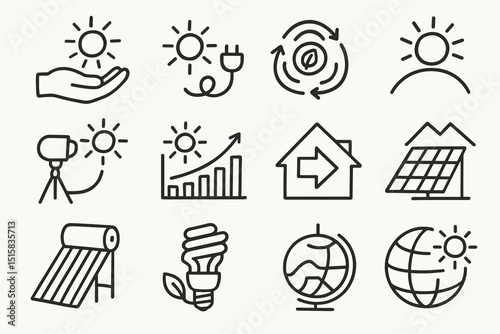 Renewable energy icons - solar, eco-friendly, sustainable technology symbols