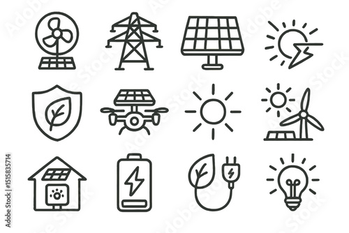 Renewable energy icons: solar, wind, battery, and sustainable symbols